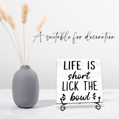 Life is Short Lick the Bowl Wooden Sign - 5" Funny Wooden Plaque With Metal Support - Rustic Tabletop Bathroom, Toilet, Kitchen Room Decor - Housewarming Gifts For Family & Friends - A01 - style: Life is Short Lick the Bowl
