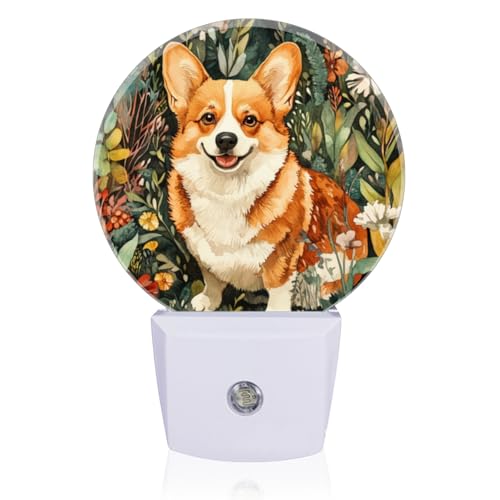 LED Night Lights Lamp with Dusk to Dawn Sensor, Lovely Smiling Corgi in The Flowers Night Light Plug Into Wall for Kids Room, Bedroom, Bathroom, Kitchen, Hallway - color: Lovely Smiling Corgi In The Flowers