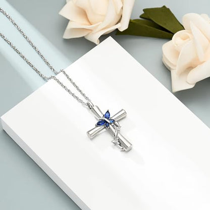 shajwo Butterfly Cross Urn Necklaces for Ashes for Women Men - color: Silver-Blue