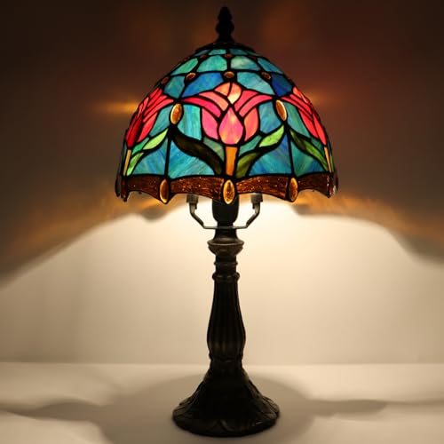 Tiffany Table Lamp Stained Glass Bedside Accent Light 8X8X14.5 inch | Tulip Style Stained Glass Memory Sympathy Light Push Button Switch Vintage Resin Base Decor For Bedroom Living Room - color: Tulip Style