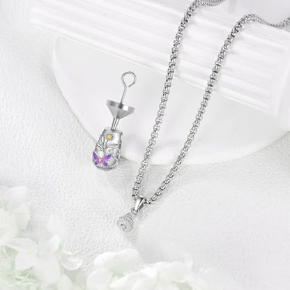 925 Sterling Silver Urn Necklace for Ashes, Teardrop/Tree of Life/Sunflower/Dragonfly/Sea Turtle/Celtic Knot/Elephant/Hummingbird Memorial Cremation Pendant Necklaces for Animal Human Ashes - color: N: Butterfly