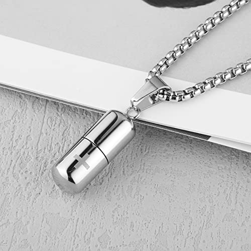 STWTR Stainless Steel Cylindrical Souvenir Capsule Pill Pendant Necklace, Cremated Ashes Pill Container Necklace - color: Silver
