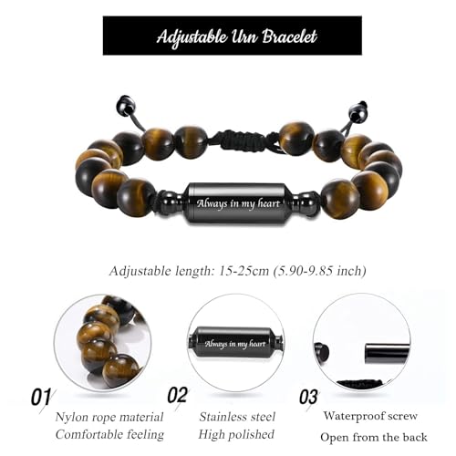 Hearbeingt Cremation Jewelry Urn Bracelet for Ashes Braided Rope Beads - color: Tiger Eye-Always in my heart