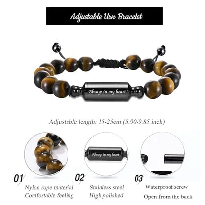 Hearbeingt Cremation Jewelry Urn Bracelet for Ashes Braided Rope Beads - color: Tiger Eye-Always in my heart