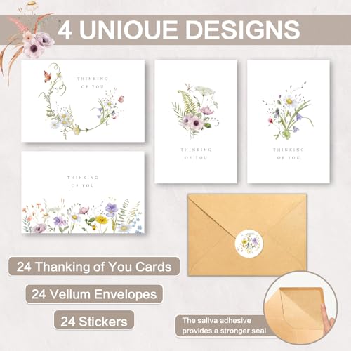 24 Thinking of You Cards with Envelopes, Watercolor Floral Designs | 4 Unique Floral Designs, 4”x6”, Thinking of You Cards, Encouragement Cards, Blank On The Inside, for Family, Friends, Mailing