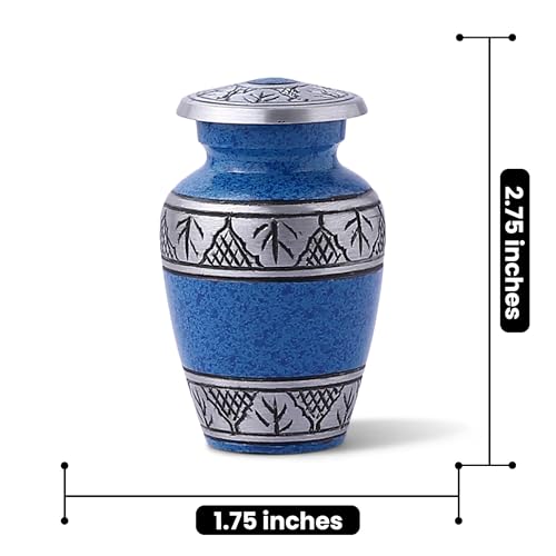 Small Blue Cremation Urn for Human Funeral Remains | Mini Sacred Ash Container | Velvet Carry Bag | Paper Funnel | Gift Box | Handcrafted Engraved Urn & Keepsake - color: Blue-engraved