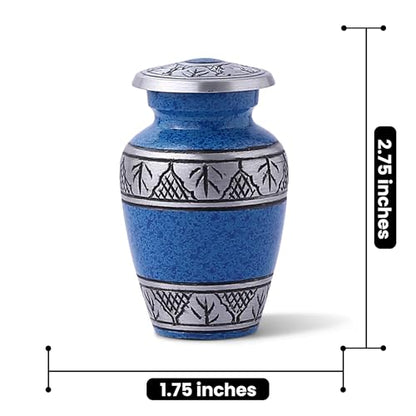 Small Blue Cremation Urn for Human Funeral Remains | Mini Sacred Ash Container | Velvet Carry Bag | Paper Funnel | Gift Box | Handcrafted Engraved Urn & Keepsake - color: Blue-engraved