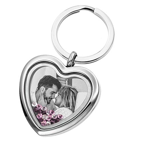 Custom Photo Text Engraved Heart Floating Living Locket Crystal Pendant Keychain - color: Purple - 1 Photo Engraving