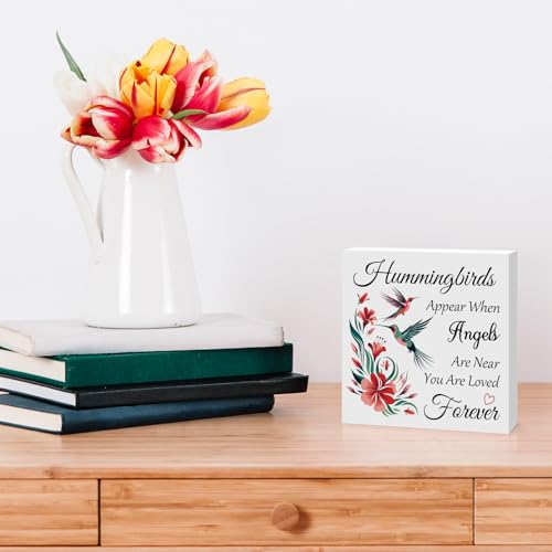 Memorial Gift Hummingbird Decorative Sign Gift Hummingbirds Appear When Angels Are Near Wooden Box Sign Sympathy Gift for Loss Of Loved Memorial Decor Home Desk Shelf Table Decor