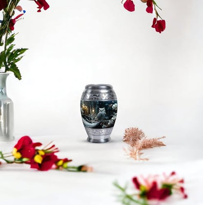 White Owl Sitting White Flower - Small Metal Ashes Urn - Miniature Urns for Ashes - Pack of 4 - Cremation Keepsakes - size: Pack Of 4