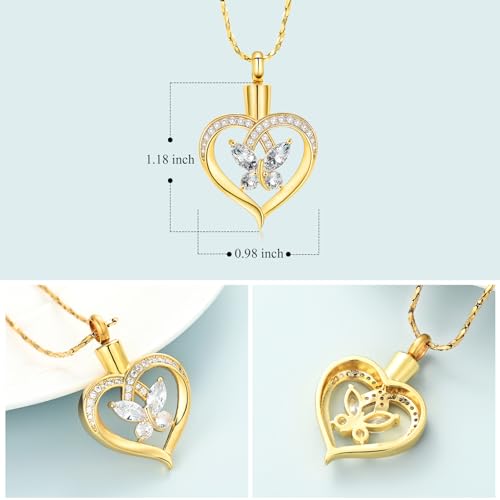 Imrsanl Butterfly Heart Pendant Cremation Urn Necklace for Women - color: Gold-White