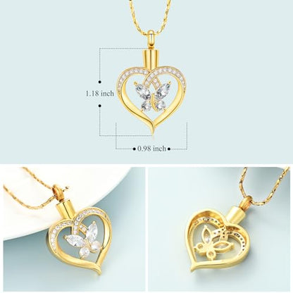 Imrsanl Butterfly Heart Pendant Cremation Urn Necklace for Women - color: Gold-White