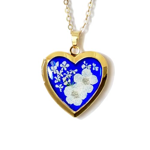 Handmade Heart Shaped Dried Pressed Forget Me Not Flower Photo Locket Pendant Necklace - color: Gold, style: WHITE+ROYAL BLUE