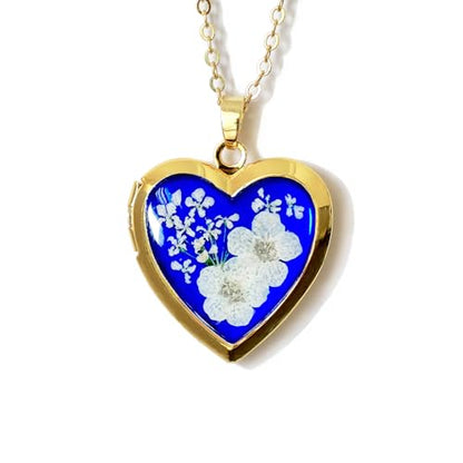 Handmade Heart Shaped Dried Pressed Forget Me Not Flower Photo Locket Pendant Necklace - color: Gold, style: WHITE+ROYAL BLUE