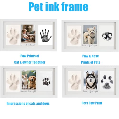 Paw Print Frame Kit, Cat/Dog Paw Print Kit, Dog Nose Print Kit, Soft Pawprint Clay&Clean Touch Ink Pad,Pet Paw Print Impression Kit with Customization Tool, Wooden Pet Memorial Frame, White - color: White