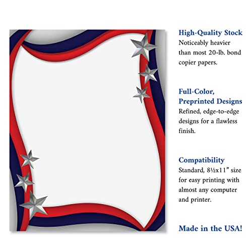 Spangled Stars Patriotic Letter Papers - Set of 25, American Flag stationery papers, 8 1/2" x 11", compatible computer paper, Patriotic Letterhead, 4th of July flyers, Veterans Day, Memorial Day - color: Spangled Stars