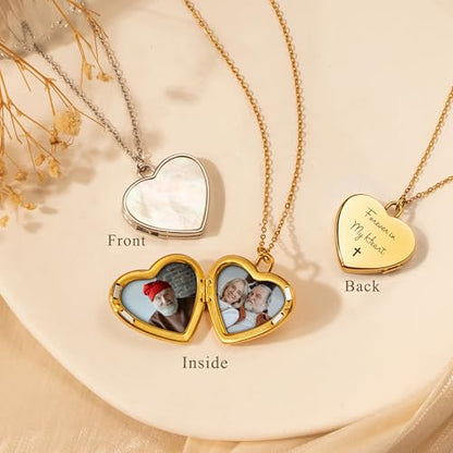 Anavia Personalized Photo Locket Necklace, Mother of Pearl Shell Handmade Custom Engraved Gold Plated Stainless Steel Pendant Necklace Jewelry Gift for Her Women Mother - color: Silver, size: Heart