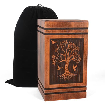 Wooden Cremation Urns for Human Ashes Adult Female Male, Handcrafted Solid Wood TSA Approved Tree of Life Urn for Ashes for Women with Bag, Full Size 300 Cubic Inches Urn (11.4” H)