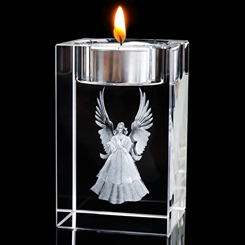 YWHL 3D Guardian Angel Crystal Votive Candle Holders, Laser Engraving Angel Glass Tealight Candle Holder for Table Centerpiece, Home Party Wedding Decorative (Excluding Candles) - color: Guardian Angel
