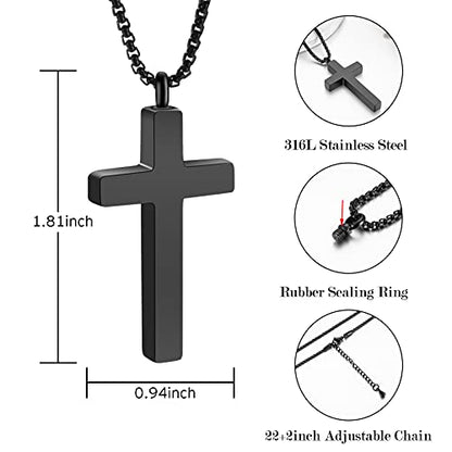 Dletay Cremation Necklace for Ashes Stainless Steel Cross Pendant Urn Necklace Memorial Keepsake Jewelry for Men Women - color: Black