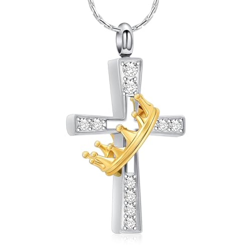 Crown Cross Cremation Necklace Ashes Jewelry Memorial Urn Pendant | stainless steel material, for women men, waterproof sealed ring & lobster clasp keep ashes secure, with a filling tool - color: Golden