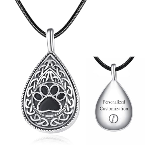 Dreamboat Pet Urn Necklace for Dog Cat Ashes 925 Sterling Silver Paw Print Cremation Keepsake Pendant Celtic Knot Memorial Jewelry Gifts for Women Men - style: 04B-Teardrop (Silver Personalized)