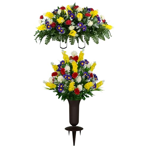 Sympathy Silks Artificial Cemetery Flowers – Realistic Vibrant Wildflowers Outdoor Grave Decorations - Non-Bleed Colors- 1 Red Yellow Wildflower Bouquet, 1 Matching Saddle, & 1 vase Included - color: Yellow Red, size: Saddle-1 Bouquet & Vase