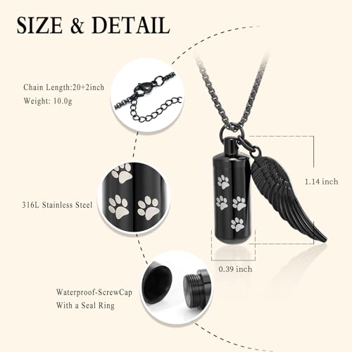 Cylinder Cremation Jewelry Urn Necklace Pet Ashes Pet Paw Memorial Ashes Necklace with Angel Wing for Dog/Cat Keepsake Jewelry for Men Women - color: Black（Small）