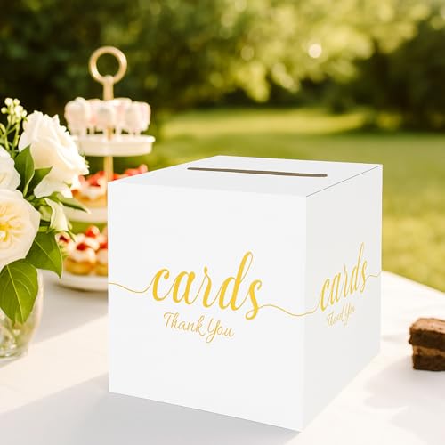 White and Gold Card Box for Party Graduation, Baby Bridal Shower, Birthday, Funeral, Wedding 7.8 x 7.8 x 7.8 In Gift Card Holder Box for Reception Raffle Voting Box with Slot - color: WhiteGoldTks