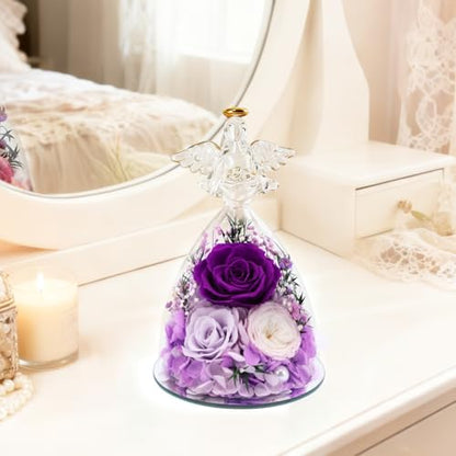 Casaido Mothers Day Rose Gifts for Women, 7" Purple Preserved Roses Flowers in Glass Angel Figurine, Birthday Gift for Mom Wife Grandma, Eternal Rose for Valentines Christmas Anniversary - color: Purple