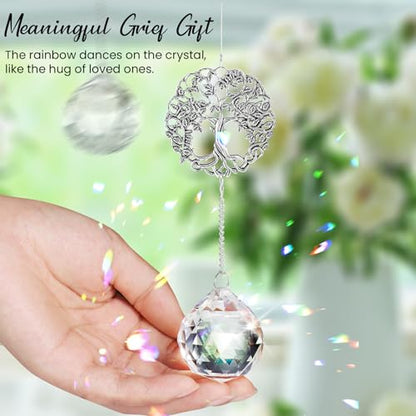Sympathy Gift for Loss of Mom Dad, Memorial Crystal Suncatcher with Card | Grief Gifts for Women, Bereavement Condolences Window Ornament for Loss of Dog Cat, Miscarriage Gift for Mothers, Tree Life - style: Round Tree