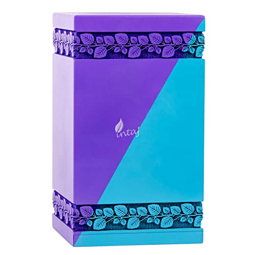 Wooden Urn for Human Ashes, 640 Cu in, XX-Large, Blue & Purple | Hand-carved wood, blue and purple, screw-locked sliding base, engraving available, holds two adults, to 640 lb combined - color: Blue & Purple, size: XL - 14Hx7.5W (640 Cu/In)
