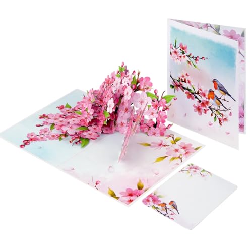 iGifts And Cards Cherry Blossom 3D Pop-Up Card – In Full Bloom 6"x8" | Robins, Pink Flowers, Nature-Inspired Greeting, Mother, Friend, Daughter, Spring Keepsake, Thinking of You Memento, Notecard - color: Cherry Blossom Robins