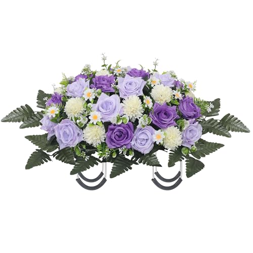 Lodou Artificial Cemetery Flowers,Headstone Flower Saddle,Realistic Vibrant Roses,Cemetery Memorial Flowers for Outdoor Tombstone Decorations (Purple) - color: Purple