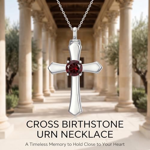 YYB Urn Necklace for Ashes Women Heart Birthstone Cross Cremation Jewelry | Memorial Keepsake Funeral Jewelry for Loved Ones (with Funnel Filler) - color: 01--Garnet January