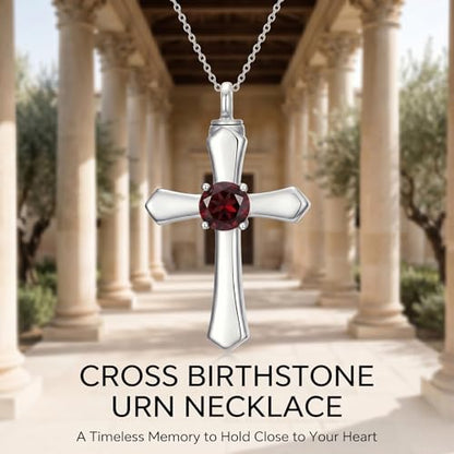 YYB Urn Necklace for Ashes Women Heart Birthstone Cross Cremation Jewelry | Memorial Keepsake Funeral Jewelry for Loved Ones (with Funnel Filler) - color: 01--Garnet January