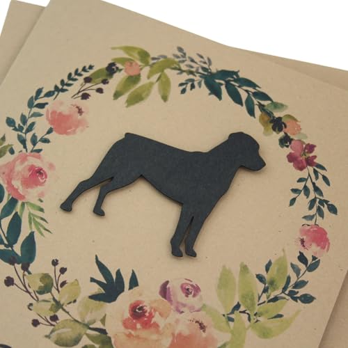 Rottweiler Floral Wreath Sympathy Card | Handmade 5x7 Pet Condolences Greeting | Dog Silhouette Kraft Brown Base Card - color: Kraft Brown, style: Rottweiler