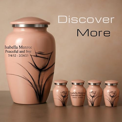 Custom Pink Flower Mini Urn – Personalized Text Only – Small 3" Keepsake Cremation Urn for Human Ashes – Drawn Tulip Design – Velvet Bag, Box & Funnel – Made in USA - color: Customized Pink, size: Small