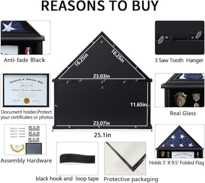 American Flag Shadow Box 5x9.5 Wooden Certificate Holder Black | solid wood frame,transparent real glass,walnut finish,wall desktop use,for military flag medal certificate display - size: Large-Black