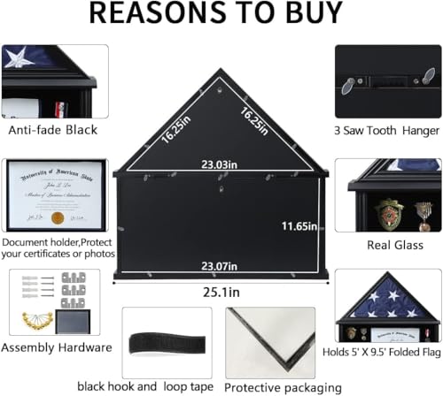 American Flag Shadow Box 5x9.5 Wooden Certificate Holder Black - size: Large-Black