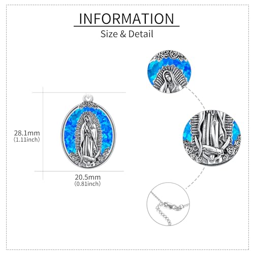 YAFEINI Virgen De Guadalupe Necklace 925 Sterling Silver Mother Mary Necklace Virgencita Jewelry Thanksgiving Day Gifts for Women - style: Blue Opal