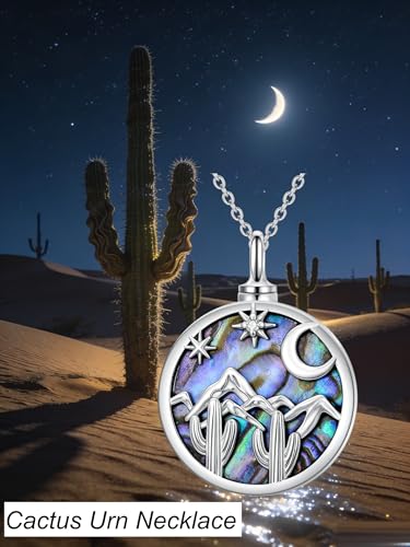 Urn Necklace for Women Sterling Silver Meaningful Memorial Jewelry | Paw Print/Butterfly/Dragonfly/Bird/Dolphin/Mountain/Tree of Life Urn Necklace for Ashes Cremation Keepsake Jewelry for Women - style: Abalone-Cactus
