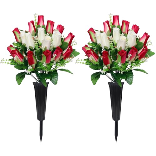 2 Sets Artificial Cemetery Flowers with Vase – Memorial Flowers Bouquet & Heavy-Ground Spike Vases – Fade-Proof, Windproof Grave Memorial Flowers for Cemetery Headstones Decoration (Rose red white) - color: Rose Red White