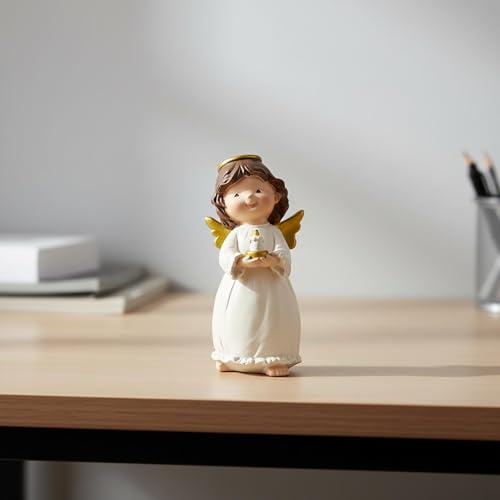 Angel Figurine Holding Candle Plate, Guardian Angel Decor, 4.92 Inch | Hand-painted resin angel with candle detail for shelves and desks; a comforting gift for women, sympathy and remembrance