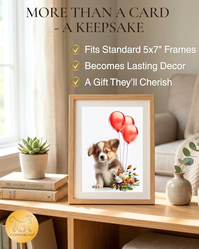 Puppy with Red Balloons and Flowers All Occasions Greeting Card from Unique Dogs Party Delights Collection Large 5x7 Inch Blank Inside with Envelope | 5x7 Inch Card, Blank Inside, Premium Silk Cardstock, Made in USA by USA-Based Pet Friendly Small Busines