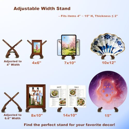 Adjustable Wooden Plate Stands for Display Easels - 6.8 Inch Plate Holders for Displaying & Picture Frame Stand for Books, Photos, Plaque, Decorative Plates (1 Pack, Brown)