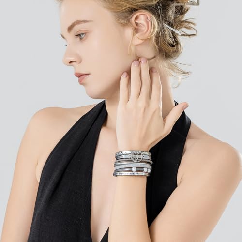 Tree of Life Inspirational Leather Wrap Bracelets Boho Western Cowgirl Cuff - color: Silver