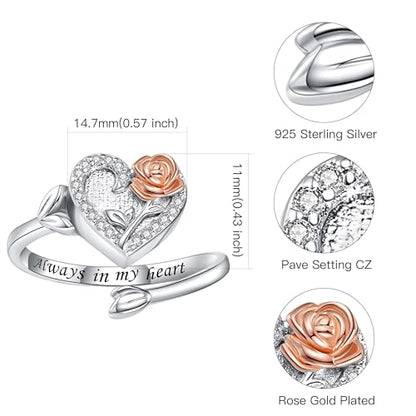 925 Sterling Silver Heart Urn Ring for Ashes for Women - Cremation Jewelry Keepsake Thumb Rings Adjustable with Rose/Sunflower Gift for Lost Of Love Ones Human Adult Pet - style: Heart Rose