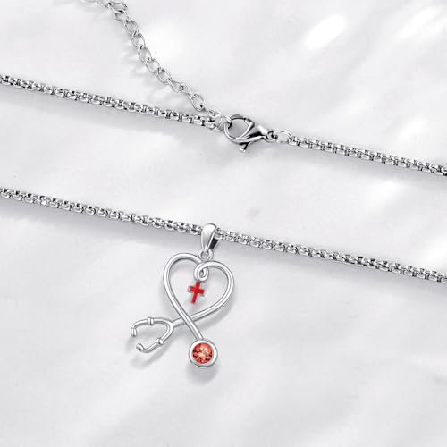 Angel Wings Necklace 925 Sterling Silver Guardian Angel Nurse RN Caduceus Pendant Charm Crystal Angel Jewelry Gifts for Women - style: H-Stethoscope-07-Jul.-Red