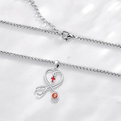 Angel Wings Necklace 925 Sterling Silver Guardian Angel Nurse RN Caduceus Pendant Charm Crystal Angel Jewelry Gifts for Women - style: H-Stethoscope-07-Jul.-Red